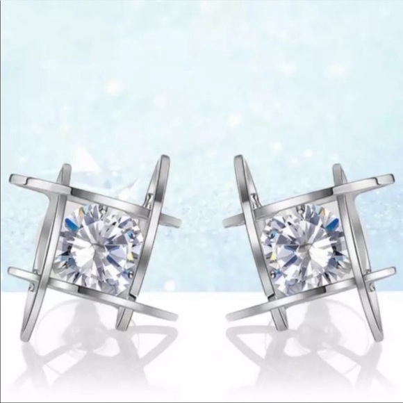 NEW SILVER 3D CAGE DIAMOND STUD EARRINGS - Picture 2 of 7